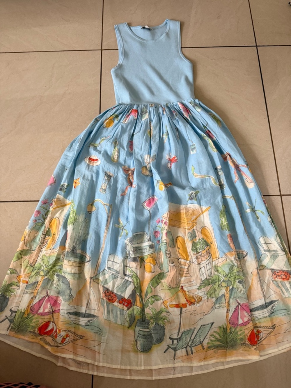 Moon River Women's Midi Farm Anthropologie Dress Blue S-M Rio
